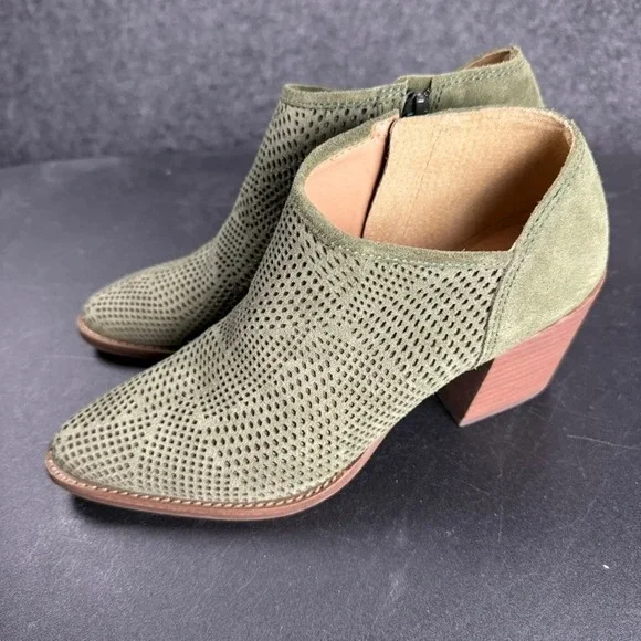 Lucky Brand LK-Zeshia Olive Green Suede Leather Perforated Ankle Booties Women's - Picture 1 of 10